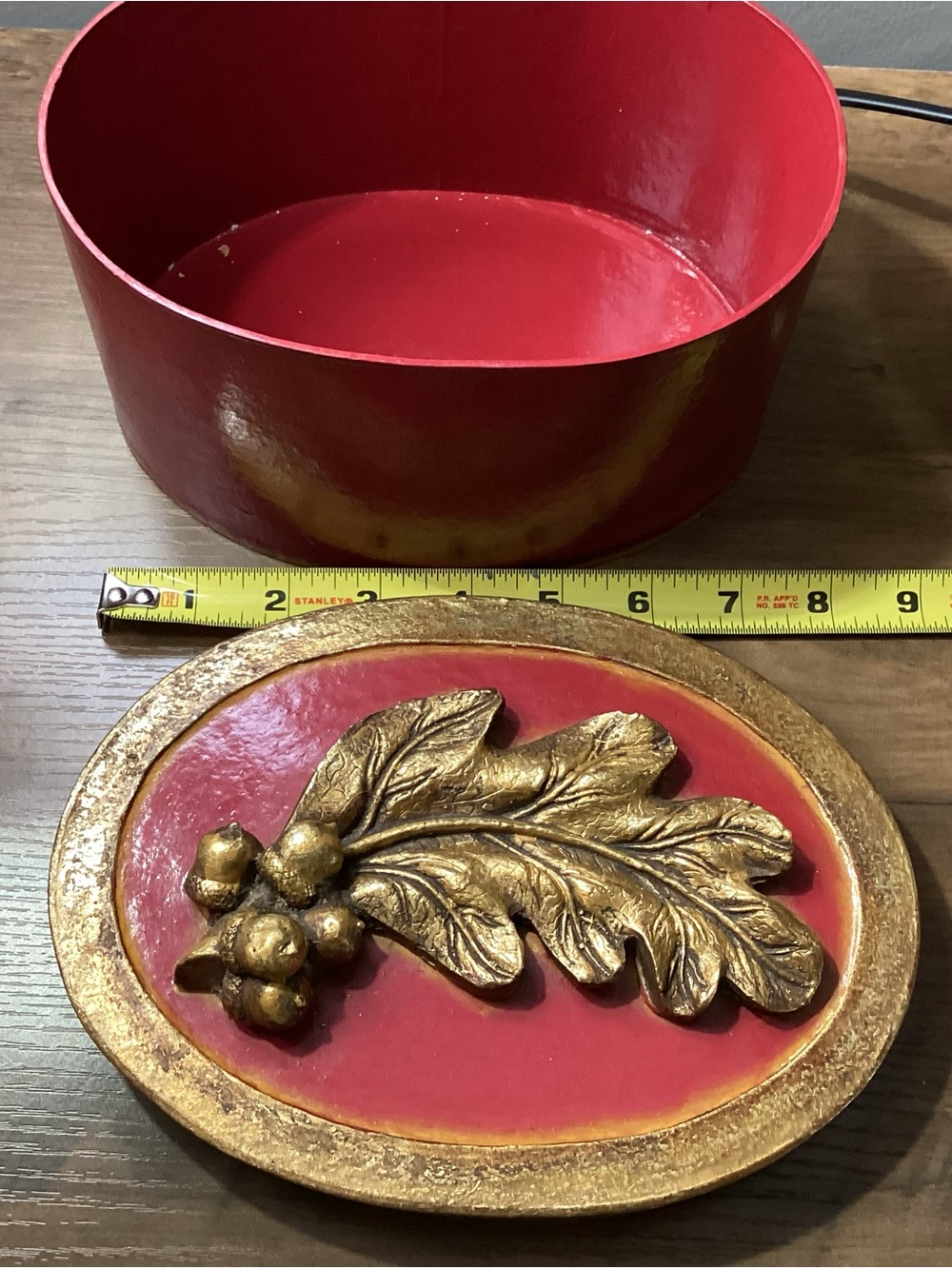 Decorative Red and Gold Oval Trinket Box with Gold Leaf Accent